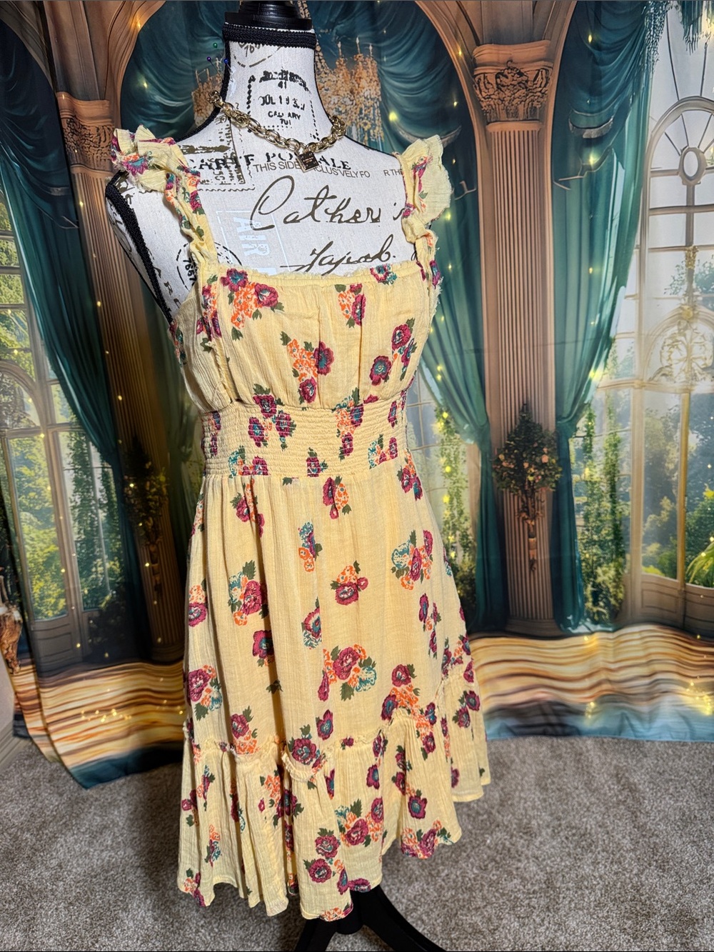 Urban Outfitters Size M Yellow Floral Smocked Midi Dress